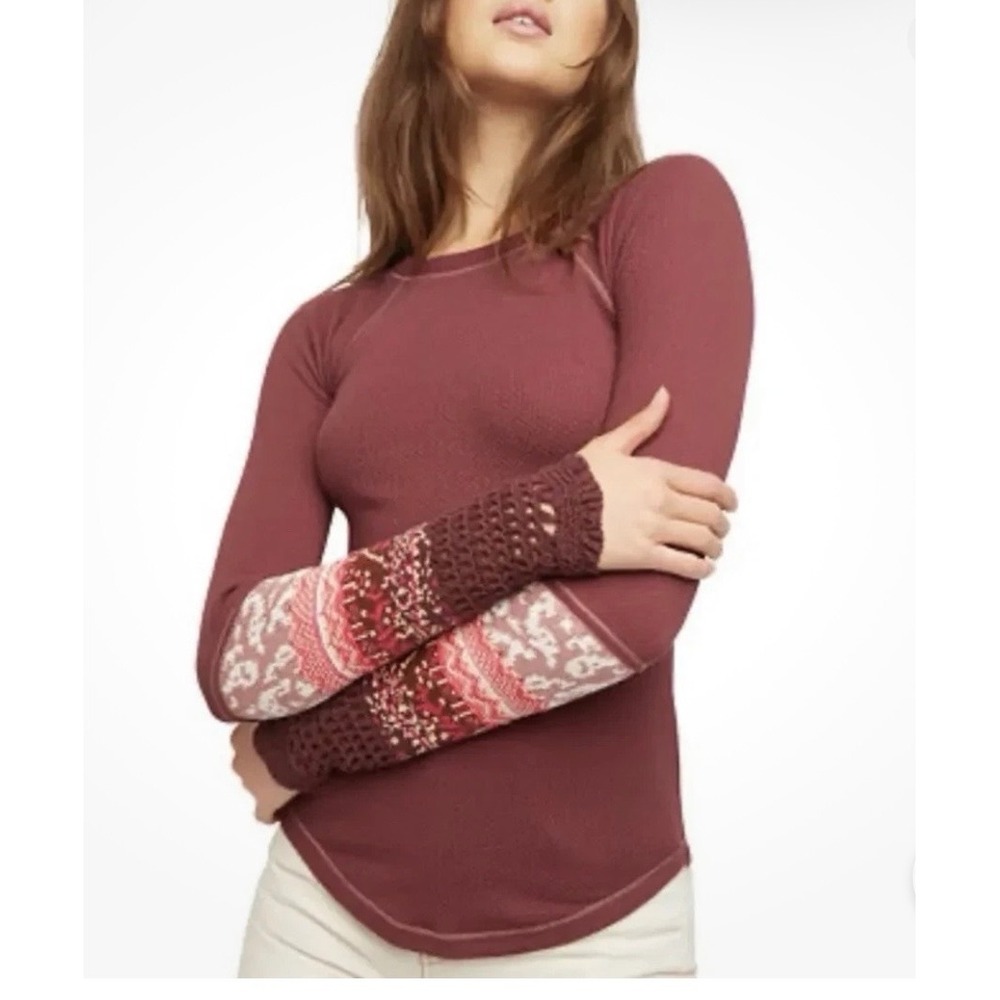 Free People in the Mix Burgundy Waffle Knit Thermal Mixed Media Sleeve Top Large